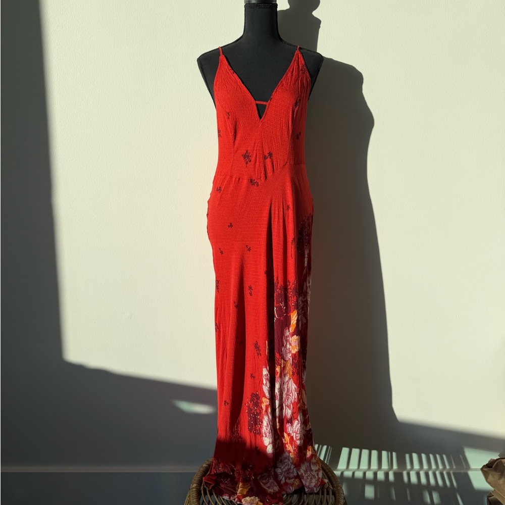 Free People Red Floral Slip Maxi with V-Neck